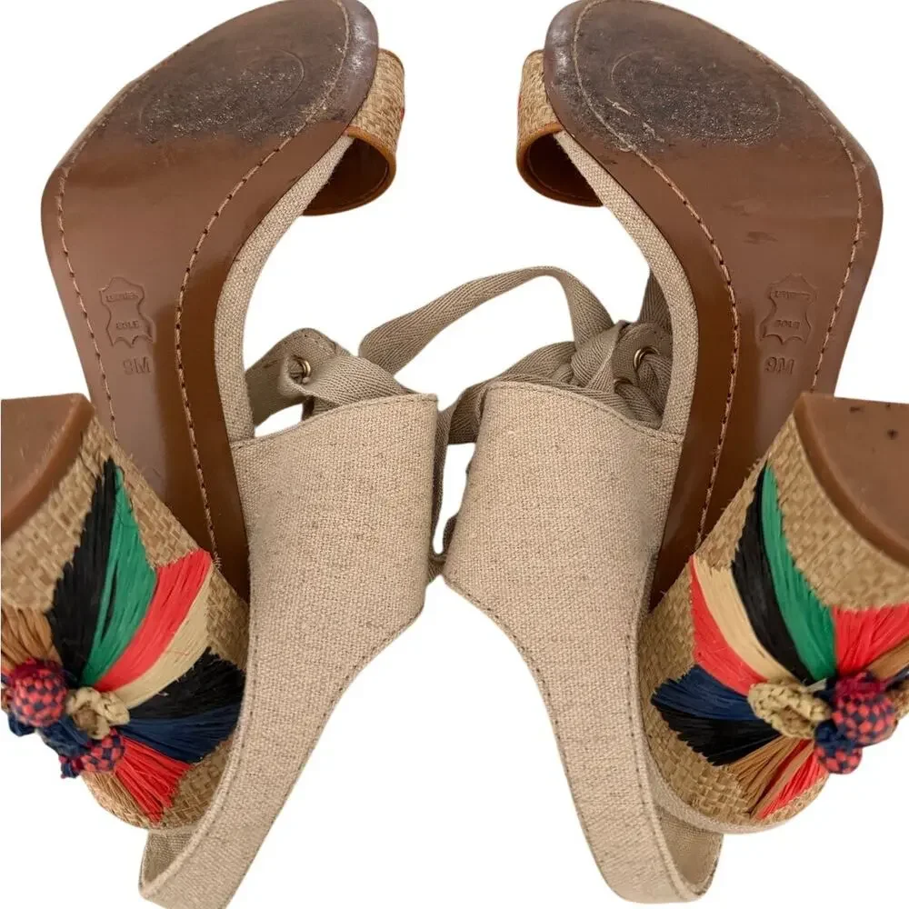 Tory Burch Geraldine Raffia & Linen Lace-Up Sandals Size 9